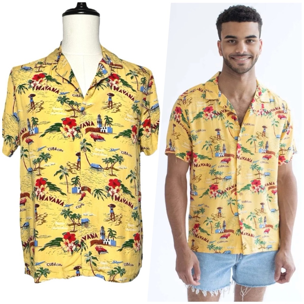 Denim & Flower | Men | Havana Paradise Yellow Novelty Button Up Shirt | Small